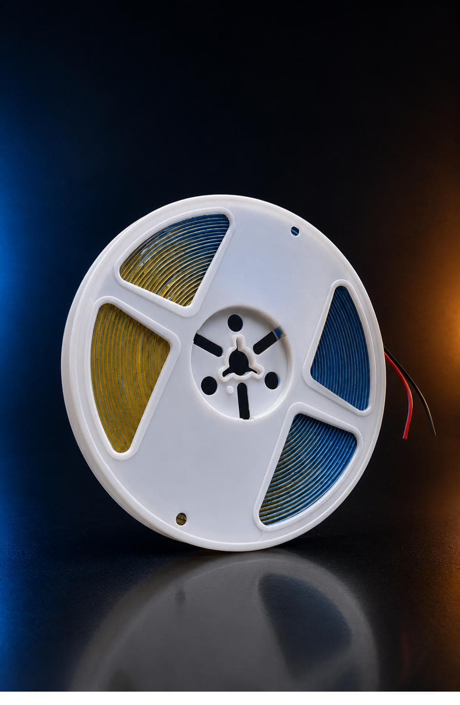 COB Strip Roll — white reel of COB LED strip with lead wires