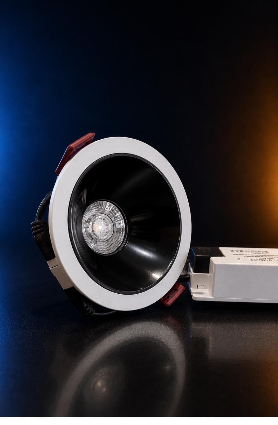 COB Downlight — white rim with deep black anti-glare cone and driver box