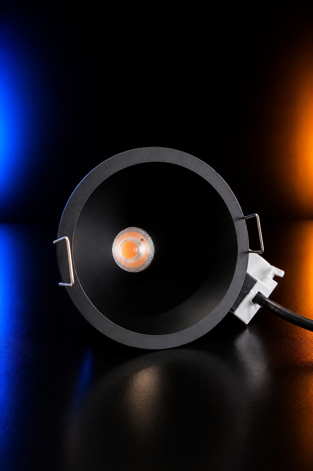 COB Swap Anti-Glare Lens — black recessed downlight with thin flat bezel ring and driver box