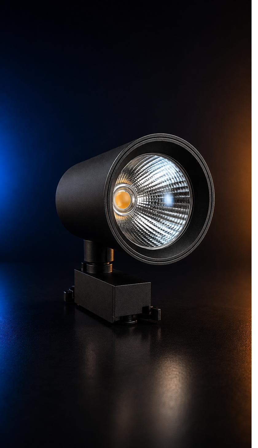 Track Light — black gimbal spotlight with wide flared head on track adapter