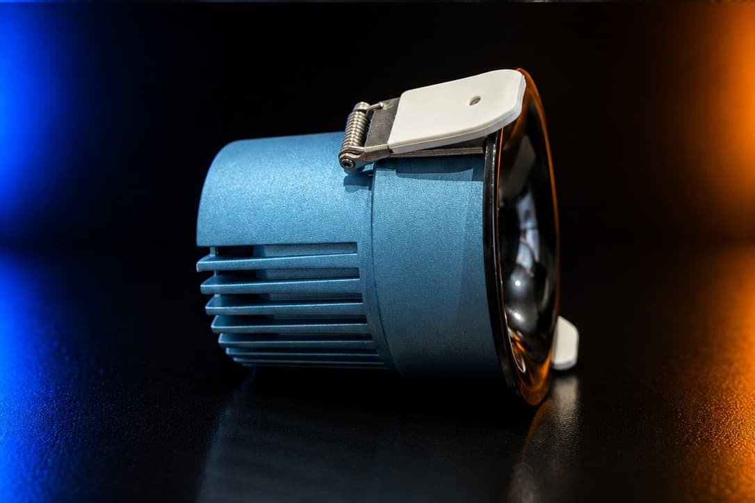 WW RD01 Recessed Downlight — angled view showing the finned heatsink and spring-clip mount