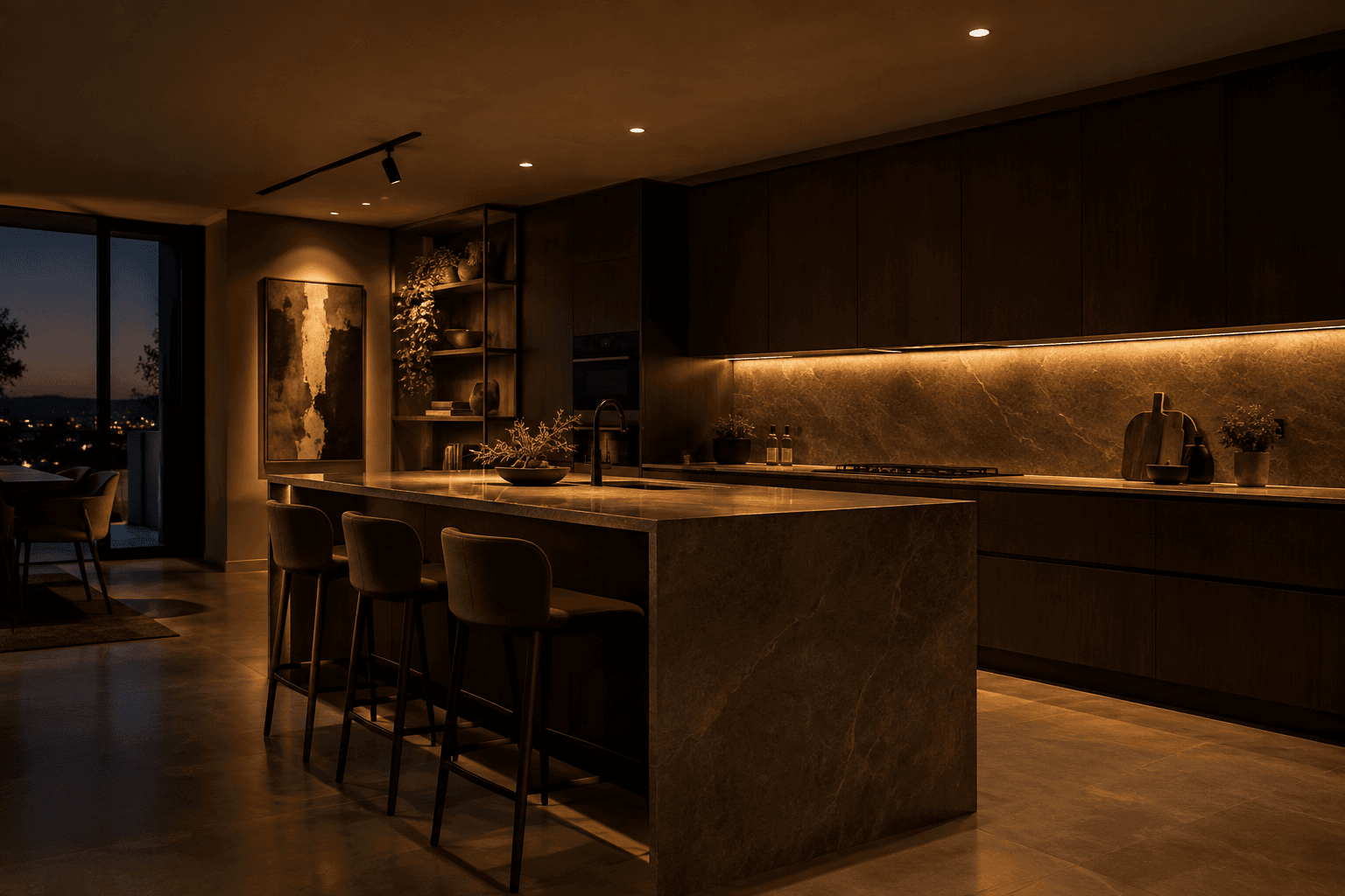 Modern kitchen island lit by warm recessed downlights and under-cabinet strip lighting